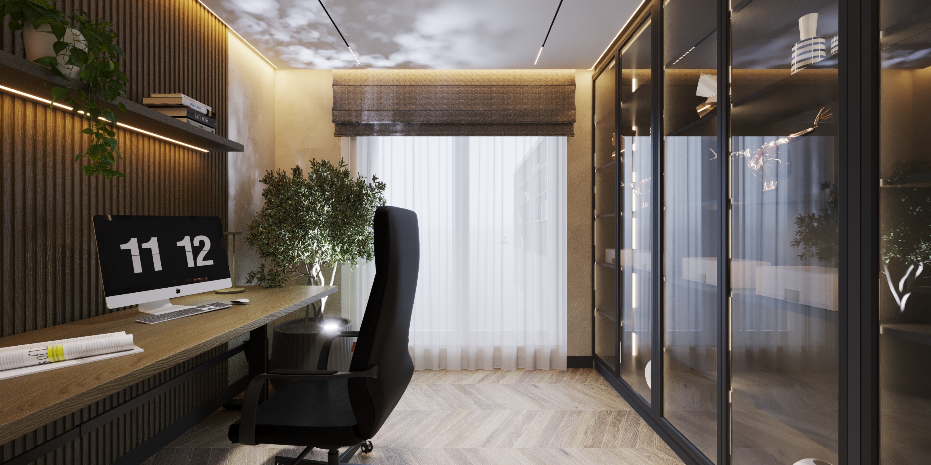 gabinet z szafkami za szkłem