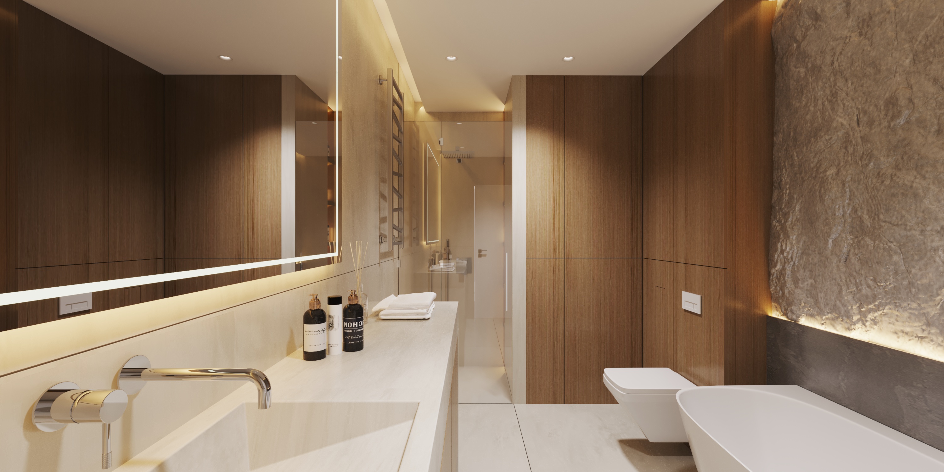 łazienka z dużym lustrem