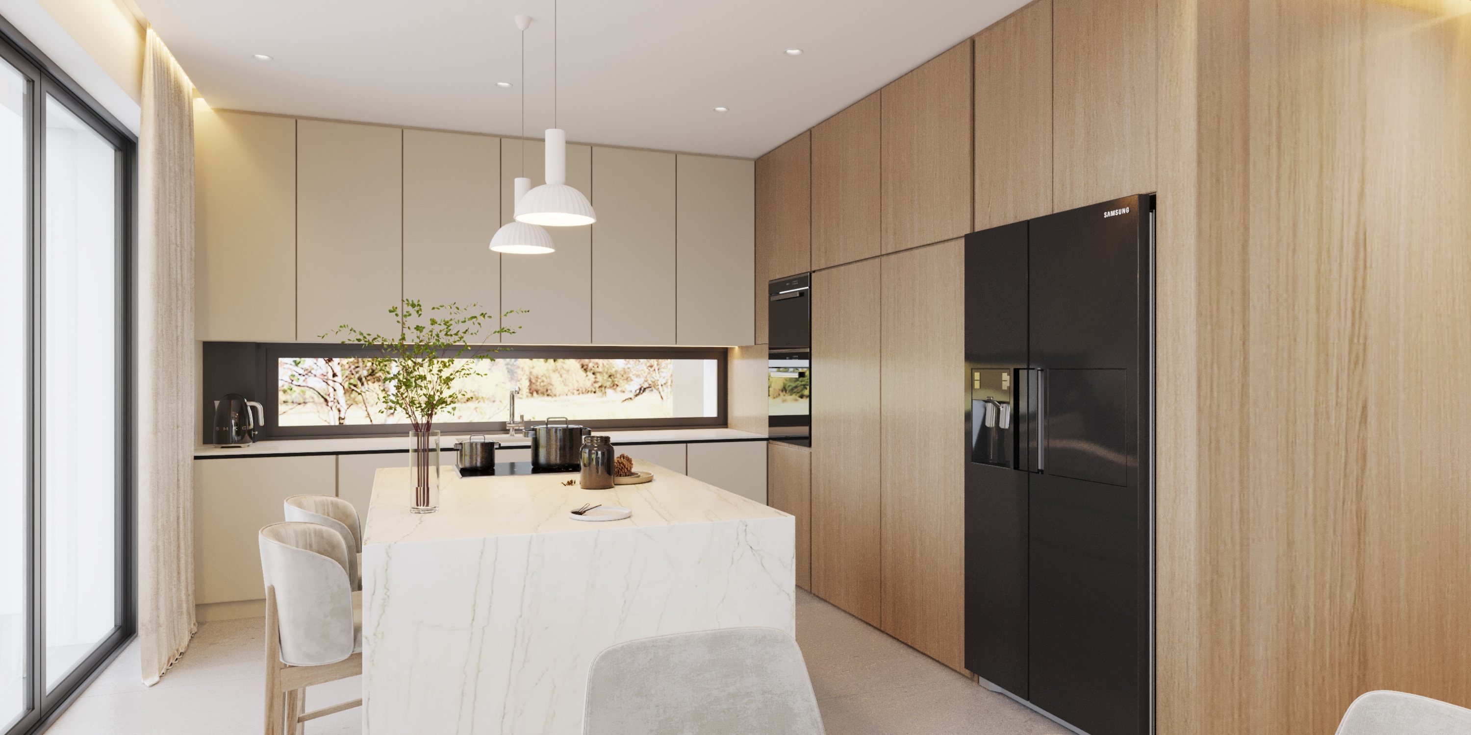 kuchnia z czarną lodówka