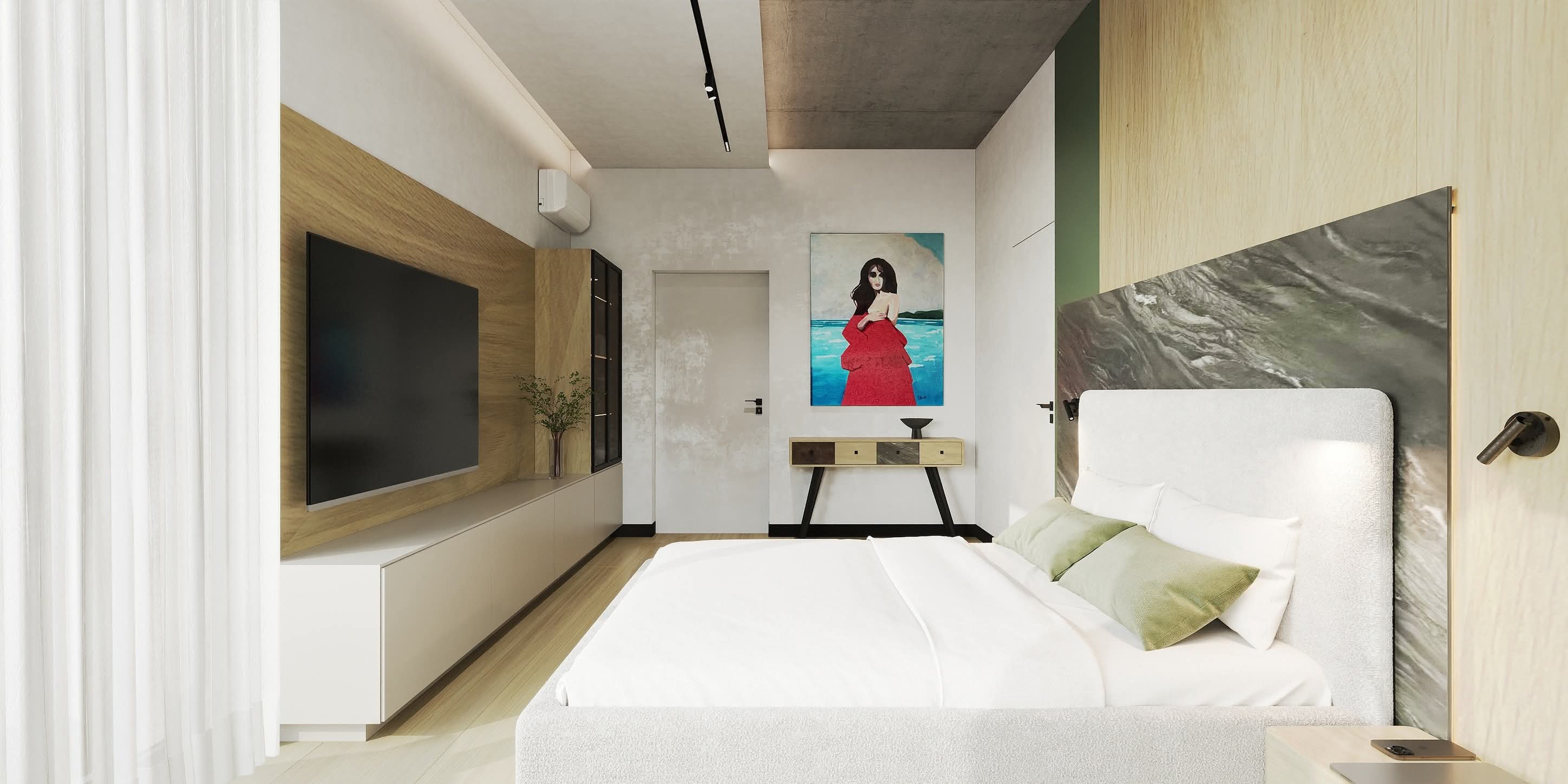 sypialnia z obrazem i telewizorem