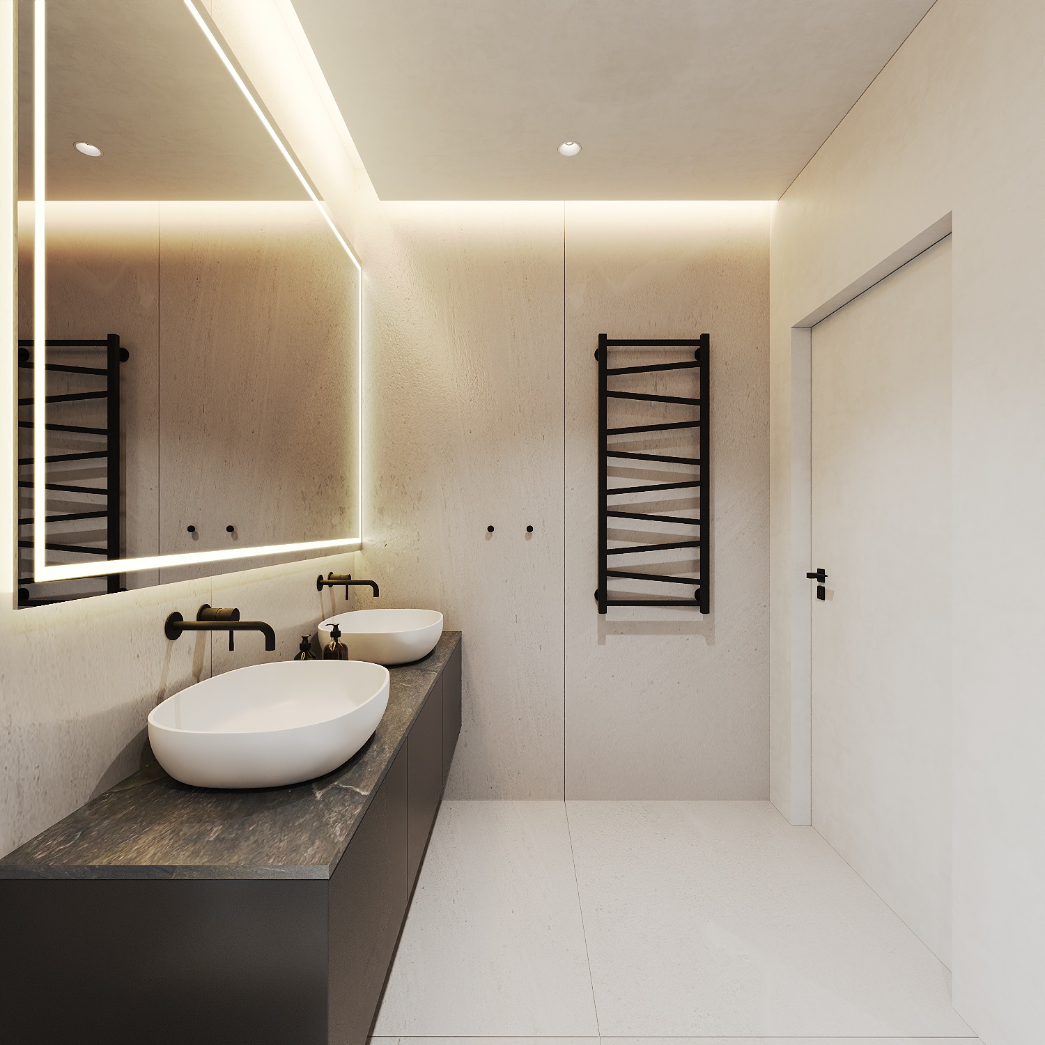 łazienka z umywalkami i grzejnikiem czarnym